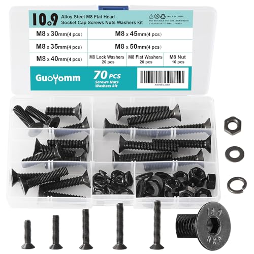 70 PCS M8 x 30mm 35mm 40mm 45mm 50mm, Flat Head Hex Socket Cap Screws Countersunk Bolts Washers Nuts Assortment Kit, 10.9 Grade Alloy Steel, Black Oxide Finish, Metric Allen Drive - size: M8x30/35/40/45/50 mm