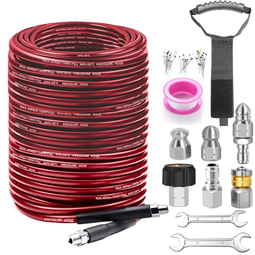 200FT Sewer Jetter Kit for Pressure Washer, 5800PSI Drain Cleaner Hose - color: Red-200FT hose