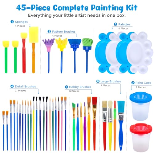 BigOtters 45PCS Kids Paint Brushes Set with Spill Proof Cups & Palettes