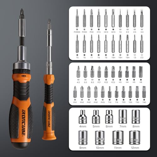 IRONCUBE Ratcheting Screwdriver Set: 56-Piece Magnetic Multi Bits Tool Kit with Case - color: Orange