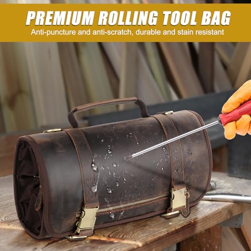 Leather Tool Bag Genuine Leather Tool Roll Bag Rolling Up Tool Bag with 6 Pockets Heavy Duty Roll Up Bag Organizer for Motorcycle Mechanic Electrician Woodworker Hobbyist"