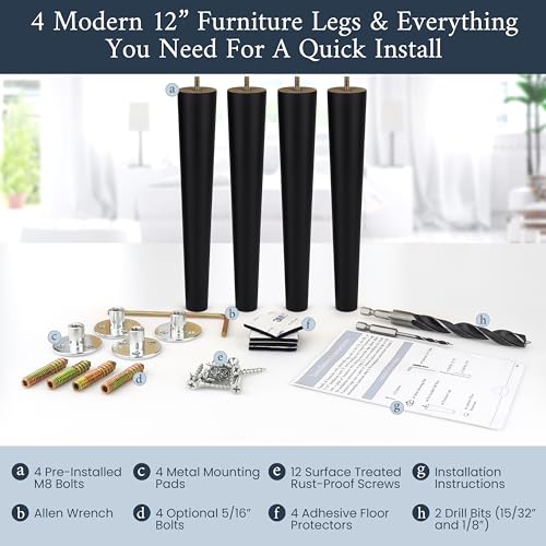 Airy Abode Premium Black Wood Furniture Legs (Full Install Kit) - Pick Your Size and Color - color: Black, size: 12 Inches
