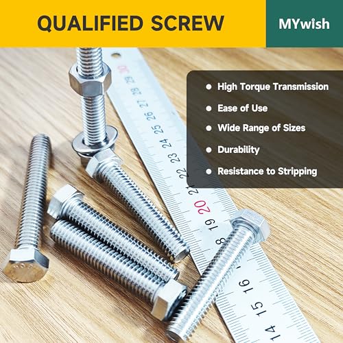 Mywish 90Pcs 3/8 Bolts, Hex Head Nuts and Bolts Assortment Kit, 304 Stainless Steel 18-8, Assorted 3/8 Bolts and Nuts Kit, 3/8-16" Fully Machine Threaded Bolts, 5 Sizes Included Bolts Kit - size: 90 Pcs 3/8 Kit - Silver