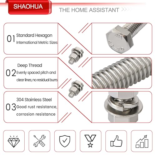 M5 M6 M8 Nuts and Bolts Assortment Kit 12mm-40mm, Metric Bolt Assortment 304 Stainless Steel Bolts and Nuts Kit, Hex Head Cap Screws Kit, Flat & Spring Lock Washer with Wrench, Silver, 496PCS, SHAOHUA - size: H. M5 M6 M8