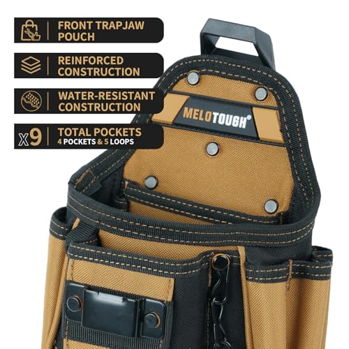 MELOTOUGH Small Electrician Tool Pouch With Belt Clip Attachment - 9 Pockets Tradesman Bag With Tape Thong - Holster for Electricians - color: Khaki Electrician Tool Pouch