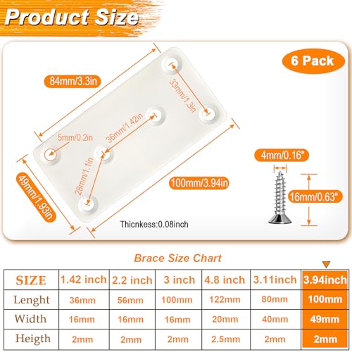 6 Pack White Mending Plates 3.94 x 1.93 x 0.08 inch Flat Brackets | Stainless Steel Heavy Duty Straight Brace for Wood Furniture, Fence Repair & Joining Includes Screws for Fastening & Fixing - size: 3.94 x 1.93 x 0.08 inch/100 x 49 x 2 mm