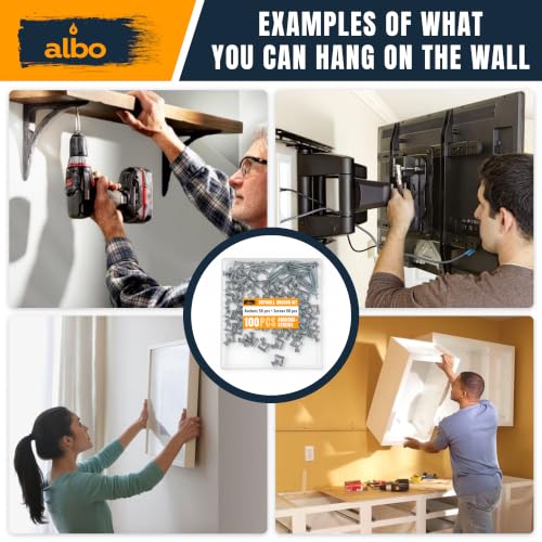 ALBO Drywall Anchor Kit Hollow Wall with Screws 100 pcs. (Grey Anchor 50pcs + Screws 50pcs) Plastic Hollow Wall Drilling Anchors - color: Grey 50pcs