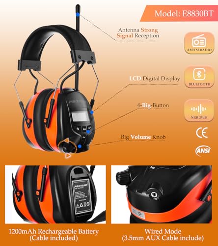 AM FM Radio Hearing Protection Earmuff, Bluetooth 5.4, 30SNR - color: Am/Fm+ Bluetooth-orange