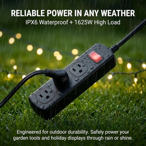 Outdoor Power Strip Weatherproof IPX6, Waterproof Surge Protector with 3 Wide-Spaced Outlets, Flat Plug Heavy Duty Extension Cord for Garden Patio Garage, Wall Mountable, 13A 1625W (Black, 10FT) - size: 10FT