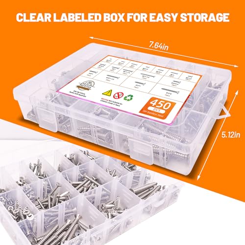 450-Piece Stainless Steel Wood & Sheet Metal Screw Assortment – #4 to #12 Phillips Flat Head Self-Tapping Screws (1/4" to 2") - size: 450PCS Silver