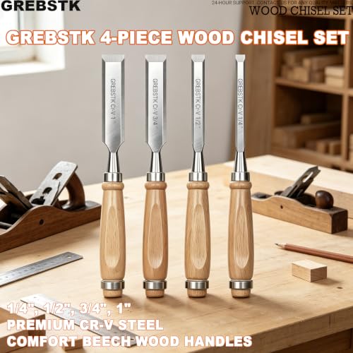 GREBSTK 4 Piece Wood Chisel Set CR-V Steel Sharp Bevel Edge for Woodworking