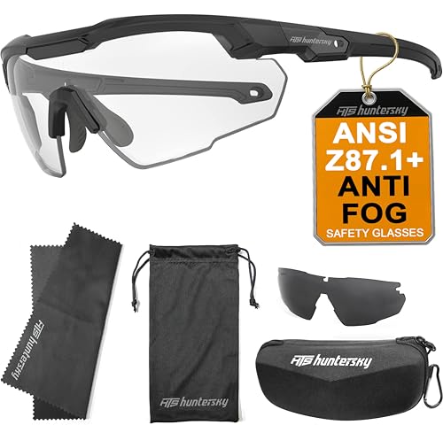 HTS HUNTERSKY Ballistic Tactical Shooting Glasses ANSI Z87+ UV400 Protective Eyewear - color: Black Clear W/ Carrying Case & Replacement Lens