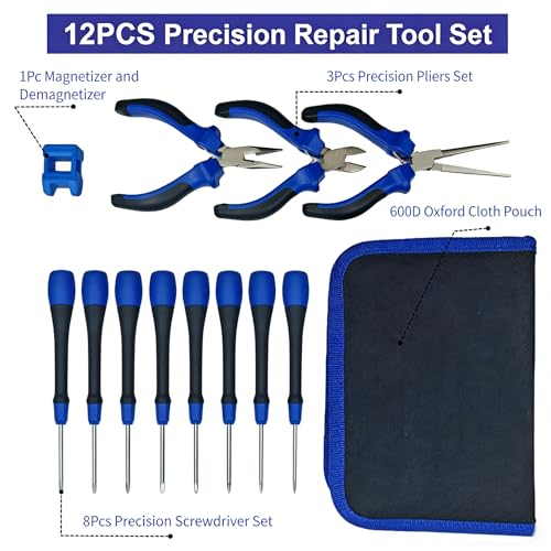 Precision Repair Tool Set, 12-Piece Craftsman & Miniature Tool Kit with Small Screwdrivers, Mini Pliers, Demagnetizer, Small Tool Kit for Phone, Laptop, Jewelry Repair, Includes Compact Storage Pouch