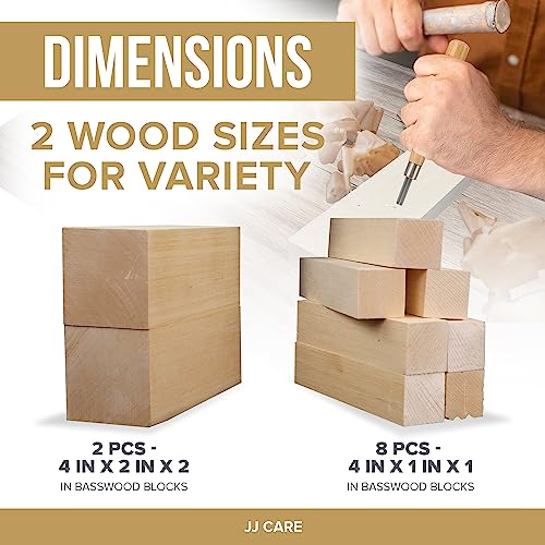 JJ CARE Wood Carving Kit [8 SK7 Carving Knives with Beechwood Handle, 10 Basswood Carving Blocks, Carrying Case, Whittling Book], Beginner Wood Carving Kit - size: Set B