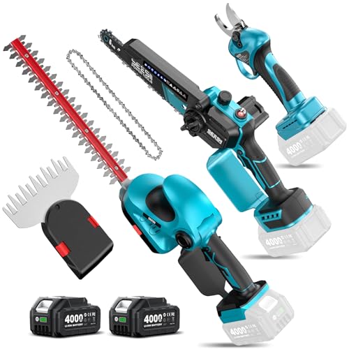 SEESII 4-in-1 Electric Mini Chainsaw, Battery Hedge Trimmer & Pruner Combo - color: Royal Blue