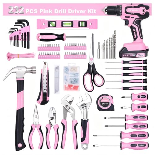 FASTPRO 232-Piece Pink Drill Set for Women, Pink Tool Set with Bag - color: Pink