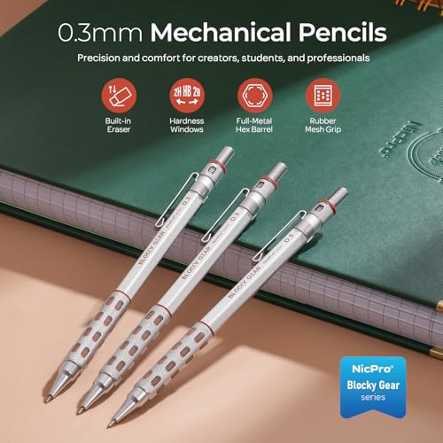 Nicpro 3 Pack Blocky Gear 0.3 mm Metal Mechanical Pencils Set with Case - style: 0.3mm