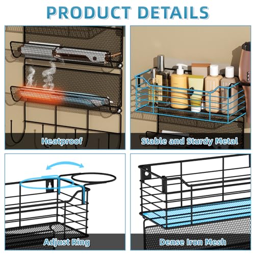 3 Tier Hair Tool Organizer Wall Mount, curling iron holder Basket, Black - color: 4 Tiers Black