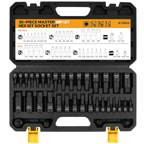 36-Piece Impact Hex Bit Socket Set Includes Socket Adapter, 1/4", 3/8", 1/2", SAE and Metric, H2-H19 & 3/4"-5/64", Cr-V Steel, Reinforced Storage Case, Automotive Mechanic Professional Tool Set - color: 36-piece Black