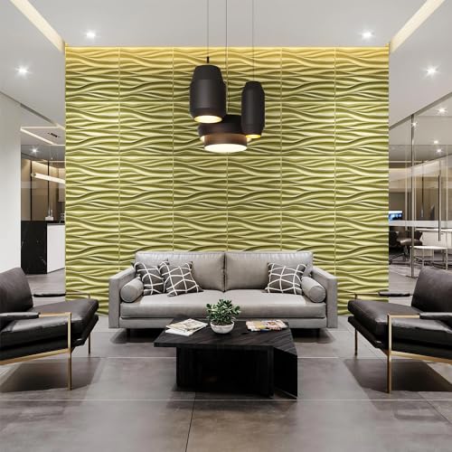 STICKGOO 3D Wall Panels, Champaign Gold Wave Design, 19.7''x19.7'' - color: Champaign Gold