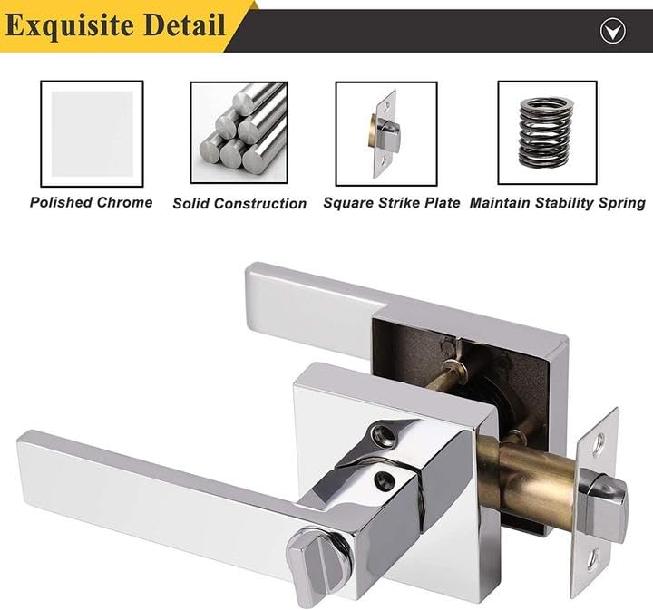 Probrico Polished Chrome Privacy Door Levers Heavy Duty Lockset for Interior Bedroom/Bathroom, Flat Square Universal Handing Handlesets/Leversets, 6 Pack - color: Polished Chrome
