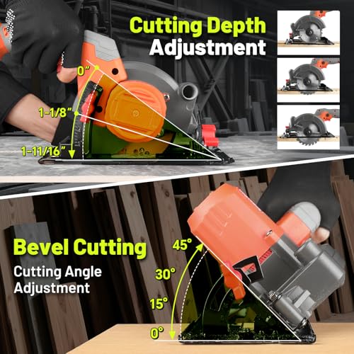 20V Mini Circular Saw Cordless,4-1/2" Compact Wireless Circular Saw 6.0Ah Battery, Fast Charger,6700 RPM, Max Cutting Depth 1-11/16"(90°), 1-1/8"(45°) with 3 Blades