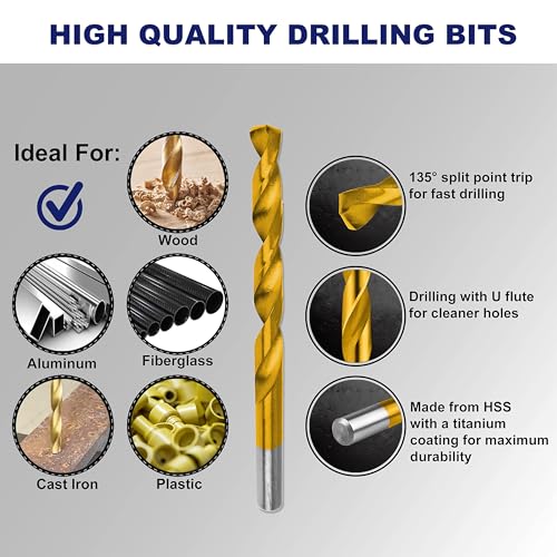 276pc Titanium Twist Drill Bit Set with S2 Bits 135° Tip High Speed Steel, Size from 1/16" up to 1/2", Ideal in Wood Cast Iron Aluminum Alloy Plastic Fiberglass, Clear Lid Case - size: 276 Piece Twist Drill Bits Set 135°