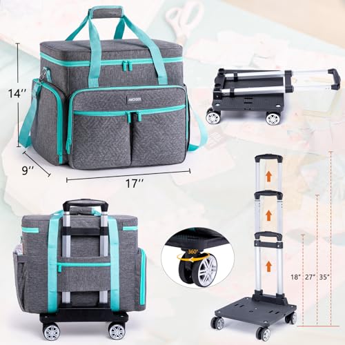 AMOIGEE Rolling Craft Bag with Wheels for Sewing Machine & Craft Supplies - color: Grey - Teal, size: With Wheels