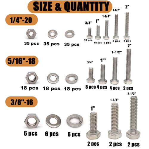 304 SS Hex Head Nuts Bolts Assortment Kit 1/4-20 5/16-18 3/8-16 - size: M6/M8/M10