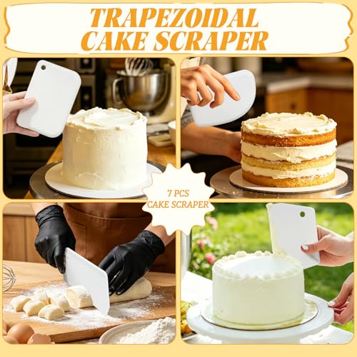 LNAUJS 7-Piece Cake Scraper and Smoother Set, Plastic Cake Decorating Tools Kit for Buttercream Icing, Fondant, Cookies, Pizza Dough & Baking - Multi-Purpose Cake Scraper and Kitchen Utensils (White)