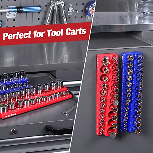 WORKPRO 3/8-inch Magnetic Socket Organizer Set, 2-Piece SAE & Metric Socket Holders, Holds 56 Standard and Deep Sockets for Tool Box, Tool Carts (Sockets Not Included) - size: 3/8" SAE&Metric