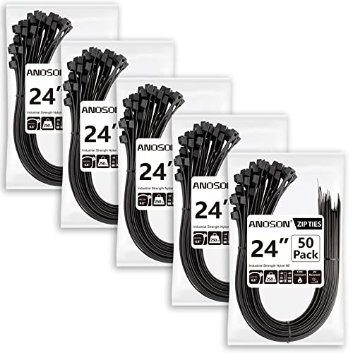 Large Zip Ties Heavy Duty Outdoor 24 inch (250 Pack), Heavy Duty Zip Ties 220 lbs, Black, by ANOSON - size: 24"/250 pk (220 Lb)