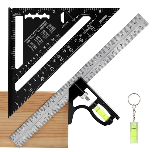 Combination Square Woodworking Ruler Tools, 7 Inch Aluminium-Alloy Carpenter Squares and Double-Sided Metric 30cm Right Angle Squares and Small Level, Combo Square