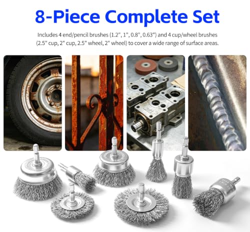 1/4 Inch Wire Brush for Drill 8 Pcs Set Steel Wheel for Rust Removal - size: 8PCS