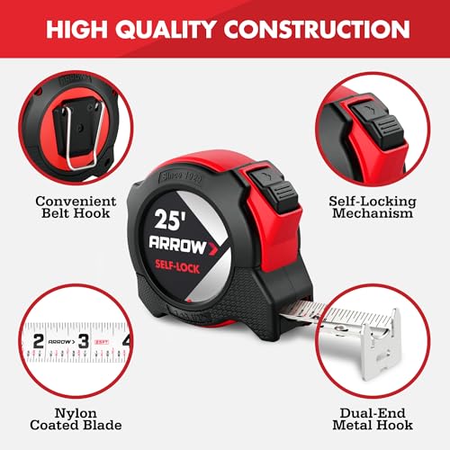 Arrow 25FT Auto-Lock Tape Measure, Easy Read Double Sided Measuring Tape
