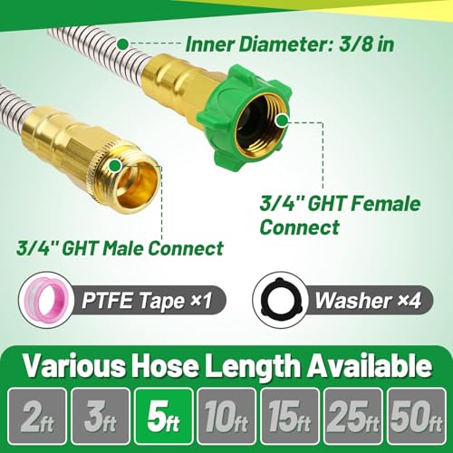 5ft Short Metal Garden Hose with Male to Female Connector - size: 5ft