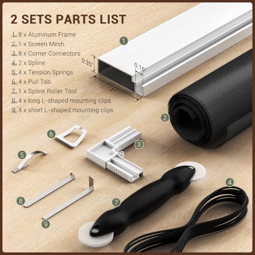 Window Screen Frame Kit,Tear Resistant Stainless Steel Mesh, 2 Sets - color: White-304, size: 46" W X 46" H (2 Pack)