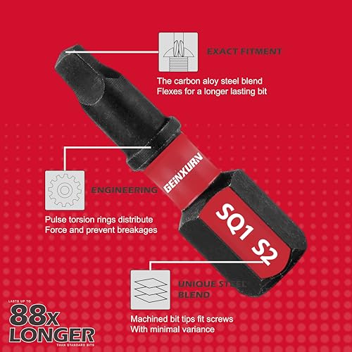 GEINXURN Screwdriver Bit Set with PH1/PH2/PH3/SQ1/SQ2/T20/T25/SL8/SL10 and 1Pcs Impact Bit Holder, 60Pieces Impact Rate Insert Driver Bit Set - size: MIXED-60PC