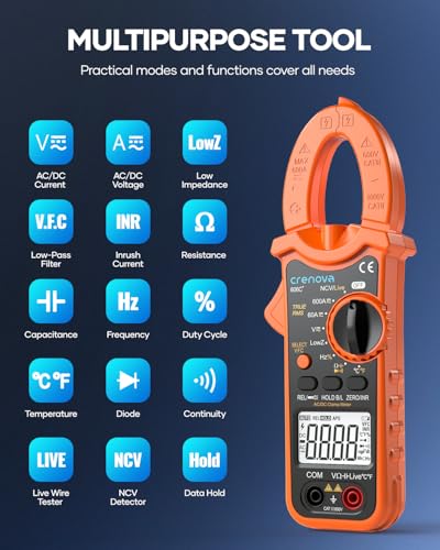 Crenova Clamp Meter Multimeter 600A AC/DC 6000Counts TRMS Electrical Tester