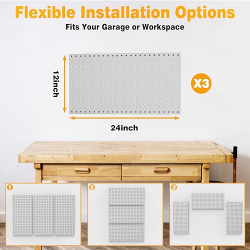 Pegboard Smith Metal Pegboard Panels 12" x 24", 3 Pack Grey Wall Mounted Tool Organizer Boards, Heavy Duty Tool Storage Peg Board for Garage, Workbench, Office, Fits 1/4" Peg Hooks - style: 3 Pack Grey Panels