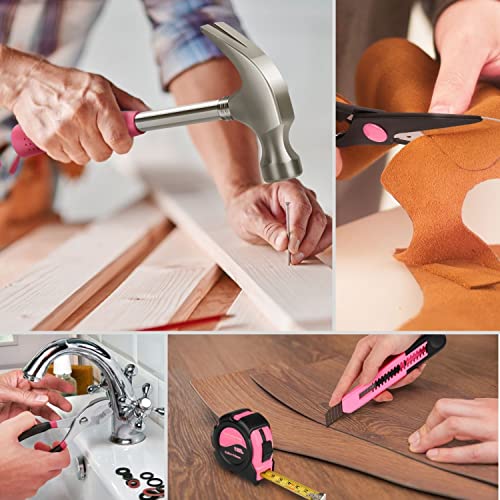 Flexzion 39 Piece Hand Tool Kits with Case - Compact Tool Kit for Handyman, Homeowners DIY - Household Tool Kit for Home with Portable Basic Tool Set Case, Pink - color: Pink & Black