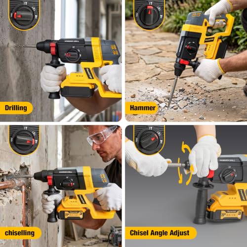 SDS Plus Cordless Rotary Hammer Drill for De-walt 20v Max Battery, Hammer Drill 20v Brushless for Concrete/Masonry/Wood/Metal, Rotomartillo, 4 Functions, 5 Drills with Gloves (Battery Not Included) - color: Yellow