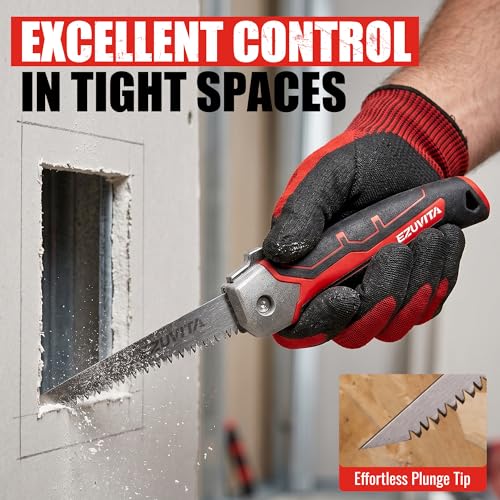 Folding Drywall Saw, Jab Saw for Drywall & Wood | Triple-Ground Teeth, Hardened 65Mn Blade, Safety Lock, Ergonomic TPR Grip, Portable Belt Sheath