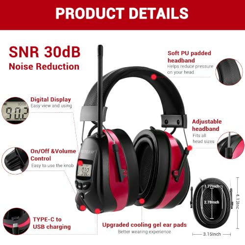 Bluetooth 6.0 AM FM Radio Headphone,Earmuff for Mowing,Construction - color: Red