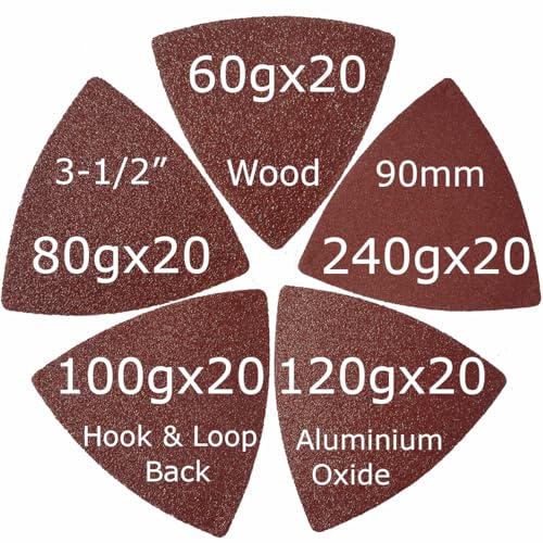 XXGO 100 Pcs 3-1/2 Inch 90mm Assorted Grit Triangle Multitool Sanding Pads | Hook & Loop Design , Strong Velcro , Best for Wood Metal Sanding - size: 3-1/2 Inch Assorted Grits - 100 Pcs