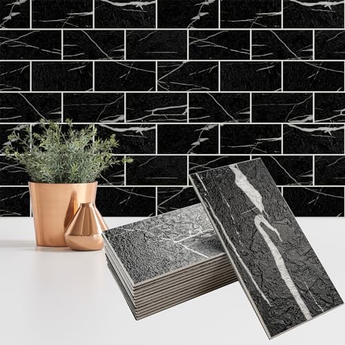 StyloVue 100 Pieces Peel and Stick Backsplash for Kitchen, 3" x 6" PVC Subway Tile Upgraded Nero Marquina with White Grout Backsplash Stick on Tile Elevate Kitchen, Bathroom, Fireplace,RV - color: Nero Marquina