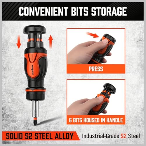 HORUSDY Magnetic Portable Screwdriver Bit Set: 8-in-1 Ratcheting Screw Driver Includes 1/4”Bit Driver Holder, 7 Screwdriver Bits with Phillips, Slotted, Square, Hex, for Garage & Daily Repair - style: 8-in-1 Ratcheting Screw Driver Set