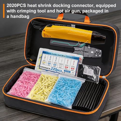 smseace 2020Pcs Heat Shrink Butt Connector,Solder Seal Wire Connectors Kit,Heat Gun and Crimping Tool Pack in Exquisite handbag 22-10AWG Waterproof Electrical Wire Crimp Connectors - size: 2020Pcs