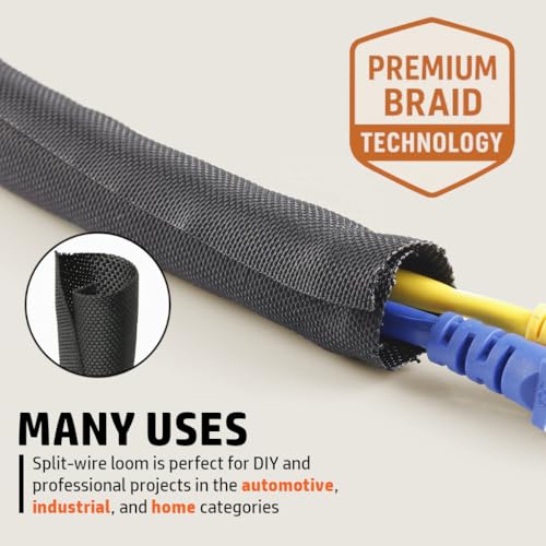 MGI SpeedWare Woven Mesh Split-Sleeve Wire Loom for High-Temperature Automotive Harness and Home Cable Management - 25 feet (1/4") - size: 1/4"