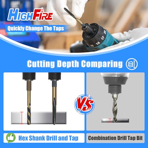 HighFire 10-Piece Hex Shank Drill and Tap Set for Metal, Impact Drill Bit Set, Upgrade Combination of Drill and Tap Set 6-32 UNC to 1/4-20 UNC, MRO & Industrial Grade, DIY Hex Screwdriver - size: 10pcs tap&drill
